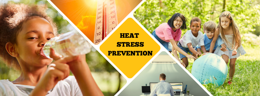 Graphic illustrating heat stress prevention, featuring a person in work attire with a water bottle and cooling measures, symbolizing the importance of staying hydrated and protected from heat-related illnesses in the workplace.